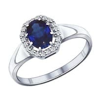 Кольцо из серебра с корундом сапфировым (синт.) и фианитами