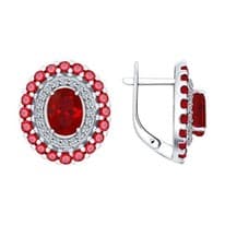 Серьги из серебра с корундами рубиновыми (синт.) и фианитами