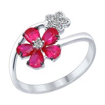 Кольцо из серебра с корундами рубиновыми (синт.) и фианитами