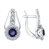 Серьги из серебра с корундами сапфировыми (синт.) и фианитами