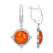 Серьги длинные из серебра с оранжевыми опалами и фианитами