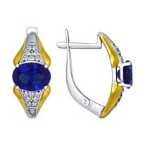 Серьги из серебра с золочением, синими корундами (синт.) и фианитами