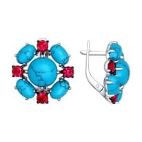 Серьги из серебра с бирюзой (синт.) и красными фианитами