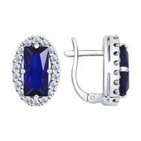 Серьги из серебра с корундами сапфировыми (синт.) и фианитами