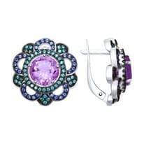 Серьги из серебра с аметистами и зелеными и синими фианитами