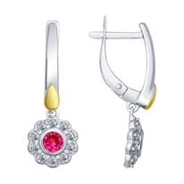 Серьги из серебра с красными корундами (синт.) и фианитами