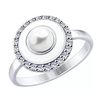 Кольцо из серебра с эмалью и жемчугом и фианитами 94012663