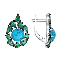 Серьги из серебра с бирюзой (синт.) и зелёными фианитами