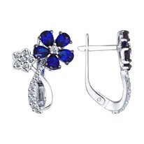 Серьги из серебра с корундами сапфировыми (синт.) и фианитами