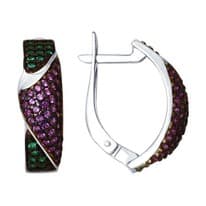 Серьги из серебра с зелеными и сиреневыми фианитами