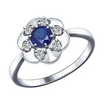 Кольцо из серебра с корундом сапфировым (синт.) и фианитами