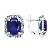 Серьги из серебра с корундами сапфировыми (синт.) и фианитами