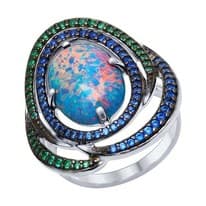Кольцо из серебра с синим опалом и зелеными и синими фианитами