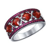 Кольцо из серебра с гранатами и красными фианитами