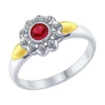Кольцо из серебра с красным корундом (синт.) и фианитами