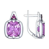 Серьги из серебра с сиреневыми ситаллами и красными фианитами