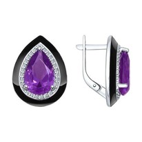 Серьги из серебра с эмалью с сиреневыми ситаллами и фианитами