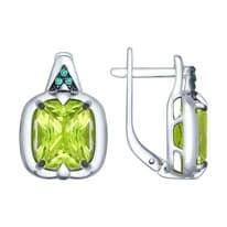 Серьги из серебра с зелеными ситаллами и зелеными фианитами