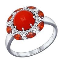 Кольцо из серебра с кораллом и красными фианитами