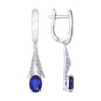 Серьги длинные из серебра с корундами сапфировыми (синт.) и фианитами