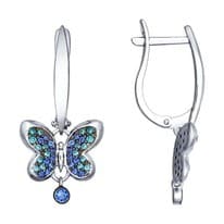 Серьги из серебра с зелеными и синими фианитами