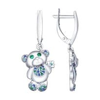 Серьги из серебра с зелеными и синими фианитами