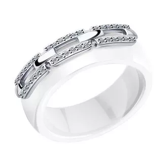 Кольцо из серебра с белыми керамическими вставками и фианитами 94012781