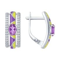Серьги из серебра с эмалью с аметистами и фианитами