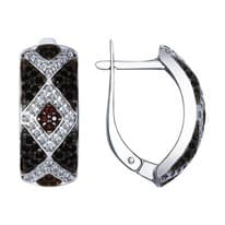 Серьги из серебра с бесцветными, коричневыми и чёрными фианитами