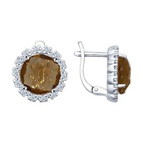 Серьги из серебра с коричневыми стеклянными вставками и фианитами