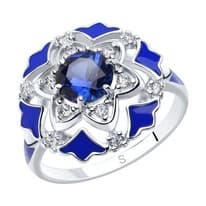 Кольцо из серебра с эмалью и синими корундами и фианитами