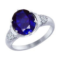 Кольцо из серебра с корундом сапфировым (синт.) и фианитами