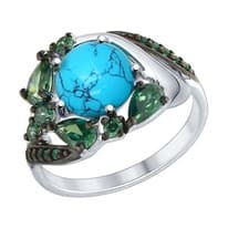 Кольцо из серебра с бирюзой (синт.) и фианитами