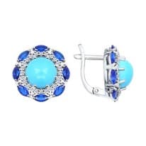 Серьги из серебра с бирюзой синтетической и синими фианитами