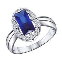 Кольцо из серебра с корундом сапфировым (синт.) и фианитами