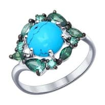 Кольцо из серебра с бирюзой (синт.) и зелеными фианитами