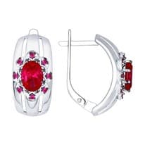 Серьги из серебра с корундами рубиновыми (синт.) и красными фианитами
