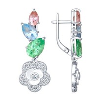 Серьги из серебра с голубыми, розовыми, зелеными ситаллами и фианитами