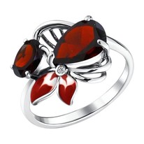 Кольцо из серебра с эмалью с гранатами и фианитом