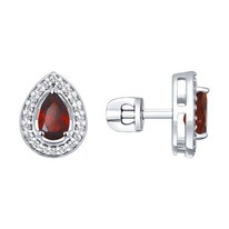 Серьги-пусеты из серебра с гранатами и фианитами