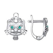 Серьги для детей «Кошечка»  с зелёными фианитами