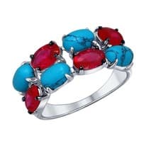 Кольцо из серебра с бирюзой (синт.) и красными фианитами