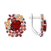 Серьги из серебра с эмалью с гранатами и фианитами
