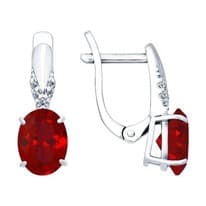 Серьги из серебра с корундами рубиновыми (синт.) и фианитами