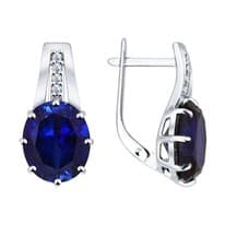 Серьги из серебра с корундами сапфировыми (синт.) и фианитами